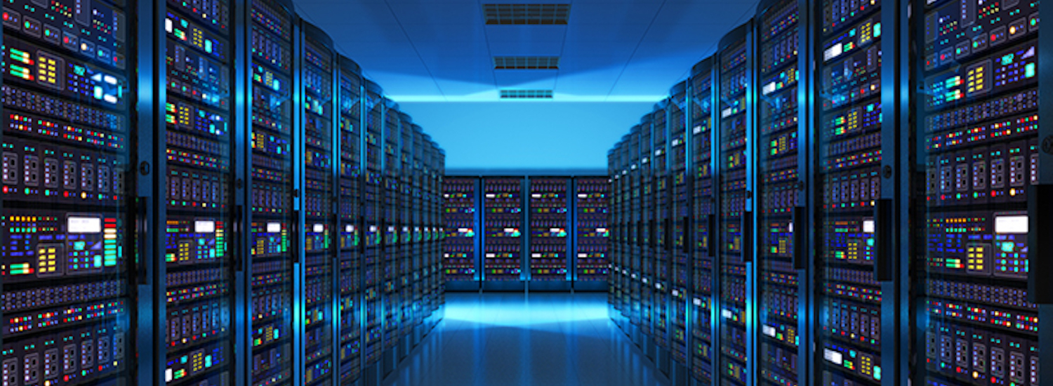 Racks of servers in a blue-lit data hall